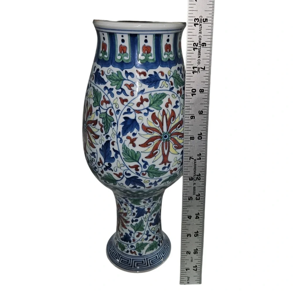 Chinese Porcelain Floral Vase Hand Painted‎ Polychrome Lotus Vine Character Mark
